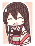  1girl ^_^ akagi_(kantai_collection) artist_name blush_stickers box brown_hair closed_eyes dated food food_on_face gift gift_box giving hair_between_eyes heart holding_gift japanese_clothes kantai_collection long_hair muneate nontraditional_miko open_mouth red_skirt rexlent skirt smile solo straight_hair tasuki valentine 