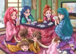  5girls akagi_towa amanogawa_kirara aroma_(go!_princess_precure) bird black_hair blue_eyes blue_hair braid brown_hair card chocokin closed_eyes crown_braid dog eyebrows flower food fruit glasses go!_princess_precure green_eyes grey-framed_glasses hairband happy haruno_haruka indoors jacket japanese_clothes kaidou_minami kotatsu kuroro_(go!_princess_precure) long_hair miss_siamour multiple_girls nanase_yui orange playing_card precure puff_(go!_princess_precure) red_eyes redhead short_hair smile table thick_eyebrows twin_braids twintails 