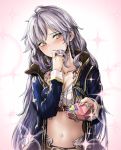  1girl ahoge blush braid breasts cleavage collarbone covering_mouth geppewi granblue_fantasy hair_in_mouth light_particles long_hair looking_to_the_side midriff navel nose_blush shy silva_(granblue_fantasy) silver_hair solo sparkle twin_braids valentine very_long_hair wavy_mouth yellow_eyes 