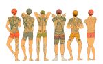  6+boys arms_behind_back blonde_hair blue_hair boxer_briefs brothers from_behind green_hair highres irezumi leg_hair matsuno_choromatsu matsuno_ichimatsu matsuno_juushimatsu matsuno_karamatsu matsuno_osomatsu matsuno_todomatsu multiple_boys osomatsu-kun osomatsu-san pink_hair purple_hair redhead sextuplets siblings simple_background socks tattoo underwear white_background 