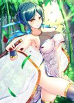  1girl attack bamboo bamboo_forest black_legwear blood blood_splatter blue_hair blush breasts china_dress chinese_clothes collarbone commentary_request covered_navel covered_nipples cowboy_shot dress floral_print forest hair_ornament hair_stick highres holding_sword holding_weapon large_breasts left-handed looking_at_viewer nature no_panties one_leg_raised original outdoors ribbon ryuuzouji_usagi see-through sideboob slashing smile solo sword thigh-highs unsheathed weapon yellow_eyes 