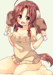 1girl animal_ears asa_no_ha bare_shoulders barefoot breasts brown_hair cleavage dog_ears dog_tail fang highres original short_hair solo sweater tail 