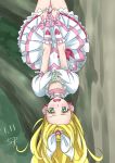  1girl :o blonde_hair blush bow brooch chocokin covering cure_rhythm embarrassed frilled_skirt frills green_eyes hair_bow jewelry long_hair looking_at_viewer magical_girl minamino_kanade precure skirt solo suite_precure tree upside-down white_bow wrist_cuffs 