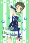  aikatsu! bare_shoulders birthday blush brown_hair dress green_eyes kamiya_shion scarf short_hair smile wink 