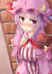  1girl blush book bookshelf box coat commentary_request crescent dress finger_to_mouth gift gift_box hat heart-shaped_box incoming_gift long_hair long_sleeves looking_at_viewer mob_cap open_clothes open_coat panties patchouli_knowledge purple_dress purple_hair purple_panties ram_hachimin shushing solo striped striped_dress touhou underwear valentine very_long_hair 