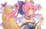  1girl \m/ animal_ears blush bow breasts caster_(fate/extra) cleavage collarbone detached_sleeves fate/extra fate/grand_order fate/stay_night fate_(series) fox_ears fox_tail hair_bow hair_ornament hair_ribbon japanese_clothes kitakazepanda large_breasts looking_at_viewer pink_hair ribbon solo tail yellow_eyes 