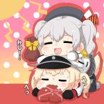  blonde_hair cape closed_eyes commentary_request epaulettes food food_in_mouth graf_zeppelin_(kantai_collection) hair_ribbon hat heart_shape kantai_collection kashima_(kantai_collection) military military_uniform peaked_cap puchimasu! ribbon silver_hair sitting sitting_on_person sweat tail translation_request twintails uniform yuureidoushi_(yuurei6214) 