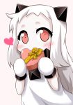  1girl ahoge blush box chocolate chocolate_heart commentary_request covering_mouth dress gift gift_box heart holding horns kantai_collection long_hair looking_at_viewer mittens northern_ocean_hime pale_skin shinkaisei-kan solo valentine white_dress white_hair yamato_nadeshiko 