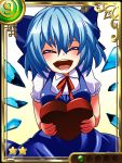  (9) 1girl ^_^ blue_dress blue_hair blush bow cirno closed_eyes dress hair_bow heart ice ice_wings open_mouth short_hair small_breasts solo touhou valentine wings yagami_(mukage) 