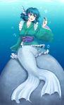  1girl blue_eyes blue_hair bubble drill_hair gomi_(gomitin) head_fins japanese_clothes kimono long_sleeves mermaid monster_girl obi open_mouth sash smile solo touhou underwater wakasagihime wide_sleeves 