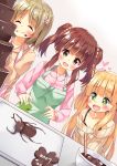  3girls apron asa_no_ha blonde_hair brown_eyes brown_hair chocolate closed_eyes green_eyes highres idolmaster idolmaster_cinderella_girls jougasaki_rika long_hair mimura_kanako multiple_girls ogata_chieri short_hair valentine 