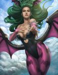  1girl arturo_z._gutierrez bare_shoulders bat_print bat_wings big_hair blue_sky breasts cleavage clouds cloudy_sky cowboy_shot demon_girl green_eyes green_hair hand_on_own_chest head_wings heart_cutout large_breasts leotard long_hair looking_at_viewer morrigan_aensland outdoors outstretched_hand pantyhose print_legwear purple_legwear realistic signature sky solo succubus vampire_(game) watermark web_address wings 