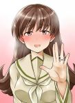  1girl :d blush breasts brown_hair highres jewelry kamelie kantai_collection large_breasts long_hair long_sleeves looking_at_viewer ooi_(kantai_collection) open_hand open_mouth remodel_(kantai_collection) ring school_uniform serafuku smile solo sparkle wedding_band 