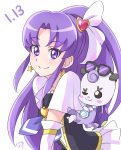  1girl brooch chocokin creature cure_fortune earrings gurasan_(happinesscharge_precure!) hair_ornament hair_ribbon happinesscharge_precure! heart_hair_ornament hikawa_iona jewelry long_hair looking_at_viewer magical_girl one_eye_closed precure purple_hair ribbon signature smile star star_earrings sunglasses upper_body violet_eyes white_background 