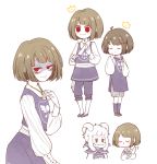  1boy alternate_costume androgynous asriel_dreemurr blush_stickers brown_hair chara_(undertale) closed_eyes crazy_eyes crown eleanor frisk_(undertale) heart heart_necklace horns kneehighs knife long_sleeves puffy_long_sleeves puffy_sleeves red_eyes robe sash shaded_face shoes shorts simple_background smile spoilers sweatdrop tagme undertale white_background 