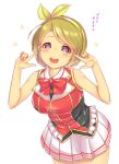  1girl bare_shoulders bokura_no_live_kimi_to_no_life breasts finger_to_mouth gacchu hairband koizumi_hanayo large_breasts leaning_forward light_brown_hair looking_at_viewer love_live!_school_idol_project miniskirt open_mouth pleated_skirt shirt short_hair simple_background skirt sleeveless sleeveless_shirt solo violet_eyes white_skirt 