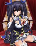  1girl bare_shoulders black_hair blush breasts cleavage ex_idol hair_ornament long_hair looking_at_viewer neptune_(series) noire red_eyes ribbon sitting solo twintails very_long_hair wariza 