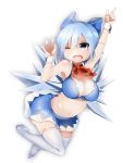  1girl ;d alternate_breast_size armpits bare_arms bare_shoulders belly blue_eyes blue_hair blush bow bowtie bra breasts cirno detached_collar fang hair_bow highres ice ice_wings large_bow navel older one_eye_closed open_mouth pointing pointing_up short_hair skirt smile solo stomach takashi_(nekoro) thigh-highs touhou underwear wings wrist_cuffs 