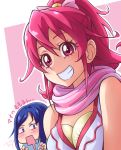  2girls aida_mana blue_eyes blue_hair blush bow breast_padding chocokin dokidoki!_precure flipped_hair grin hair_bow half_updo hishikawa_rikka hungry long_hair multiple_girls pink_bow pink_eyes pink_hair pink_scarf precure scarf short_hair signature smile upper_body 