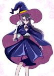  1girl absurdres arudebido black_hair blue_eyes cape dress expressionless glasses gloves hat heartcatch_precure! highres long_hair looking_at_viewer precure purple_dress purple_hat solo standing tsukikage_yuri wand white_background white_gloves witch_hat 