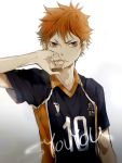  1boy character_name clothes_writing frown gradient gradient_background haikyuu!! hinata_shouyou looking_at_viewer male_focus orange_eyes orange_hair shina-love short_hair short_sleeves solo sportswear sweat volleyball_uniform wiping_mouth 
