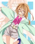  1girl alternate_costume belt blush collarbone glasses highres kantai_collection leg_up light_brown_eyes light_brown_hair long_hair long_sleeves looking_at_viewer messy_hair mochizuki_(kantai_collection) mtu_(orewamuzituda) open_mouth outstretched_arms semi-rimless_glasses shoes shorts silhouette sleeves_past_wrists solo tennis_shoes under-rim_glasses 