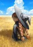  1girl aqua_hair backpack bag braid clouds glasses goggles hat long_hair looking_back low-tied_long_hair mage_(replica) original sky standing twin_braids very_long_hair wheat wheat_field witch_hat 