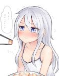 bangs bare_shoulders blue_eyes blush chopsticks commentary_request food hair_between_eyes hibiki_(kantai_collection) highres kantai_collection long_hair neit_ni_sei plate sidelocks silver_hair tank_top translation_request trembling 