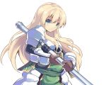  1girl armor blonde_hair blush character_request copyright_request highres long_hair looking_at_viewer nomalandnomal polearm smile spear weapon white_background 