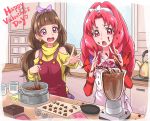  2girls :o akagi_towa amanogawa_kirara apron bow brown_hair chocokin chocolate chocolate_making chocolate_on_face earrings food food_on_face go!_princess_precure hair_bow hairband happy_valentine jewelry kettle kitchen long_hair mixing_bowl multiple_girls precure purple_bow red_eyes red_shirt redhead shirt star star_earrings surprised twintails valentine violet_eyes whisk yellow_shirt 