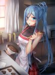  1girl aoki_hagane_no_arpeggio apron baking_sheet blue_eyes blue_hair bowl breasts chocolate chocolate_heart hair_between_eyes heart highres indoors kitchen long_hair looking_at_viewer luzi microwave mole mole_under_mouth open_mouth ponytail ribbed_sweater skirt solo spatula sweater takao_(aoki_hagane_no_arpeggio) valentine very_long_hair 