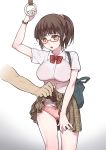  1boy 1girl bag blush glasses hige_(hige2) highres original panties plaid plaid_skirt school_uniform skirt skirt_lift solo_focus standing underwear watch 