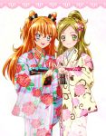  2girls blue_eyes bow braid brown_hair cowboy_shot double_bun floral_print green_eyes hair_bow half_updo highres houjou_hibiki japanese_clothes kagami_chihiro long_hair looking_at_viewer minamino_kanade multiple_girls pink_bow precure smile suite_precure two_side_up v white_background 