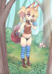  1girl absurdres animal_ears black_panties blonde_hair blush_stickers bokushi boots dog_ears elin_(tera) finger_to_mouth forest gloves highres long_hair mushroom nature navel no_pants outdoors panties shirt sleeveless sleeveless_shirt solo standing striped striped_legwear tail tera_online thigh-highs twintails underwear violet_eyes 