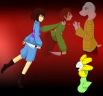 2boys ^_^ absurdres androgynous asriel_dreemurr black_background blush blush_stickers boots brown_boots brown_hair chara_(undertale) closed_eyes dual_persona empty_eyes evil_smile fangs flower flowey_(undertale) frisk_(undertale) frown full_body gradient gradient_background grin heart highres holding_knife holding_weapon knife long_sleeves looking_at_another monster_boy multiple_boys open_mouth pants plant red_background red_eyes scared shaded_face shirt short_hair shorts smile spoilers striped striped_shirt striped_sweater sweat sweater sweating_profusely tail teeth transparent trembling undertale yellow_flower 