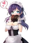  1girl alternate_costume aqua_eyes blush breasts chocolate chocolate_heart cleavage covering_mouth enmaided heart large_breasts long_hair love_live!_school_idol_project maid maid_headdress motokonut purple_hair simple_background solo speech_bubble toujou_nozomi valentine white_background 