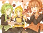  3girls apron baking_sheet black_serafuku blonde_hair brown_eyes brown_hair commentary_request cookie crescent crescent_hair_ornament food fumizuki_(kantai_collection) green_eyes green_hair hair_ornament heart-shaped_box highres kantai_collection long_hair looking_at_viewer mixing_bowl multiple_girls nagatsuki_(kantai_collection) open_mouth ponytail satsuki_(kantai_collection) school_uniform serafuku smile suzushiro_(gripen39) tenugui twintails valentine wooden_spoon yellow_eyes 