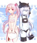  2girls alternate_costume amputee az_(zero_glvimayhop) beret bow breasts cat_cutout cat_lingerie cleavage destroyer_hime hair_bow hair_ornament hair_ribbon hairclip harusame_(kantai_collection) hat headgear holding kantai_collection long_hair looking_at_viewer multiple_girls navel pink_eyes ribbon shinkaisei-kan side_ponytail silver_hair white_eyes white_hair white_skin 