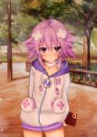 1girl blush box chocolate choker evening ex_idol gift gift_box hair_ornament holding_gift hood hoodie jacket looking_at_viewer neptune_(choujigen_game_neptune) neptune_(series) outdoors park purple_hair solo tree valentine violet_eyes wavy_mouth 