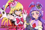  191karasu 2girls black_gloves blonde_hair crossover cure_magical cure_miracle dress female gloves hat highres jewelry kamen_rider kamen_rider_beast kamen_rider_wizard kamen_rider_wizard_(series) logo long_hair magical_girl mahou_girls_precure! multiple_girls parody pink_dress pink_eyes precure purple_hair ring side_ponytail violet_eyes white_gloves witch_hat 