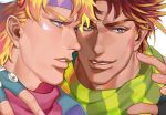  2boys aqua_eyes arm_around_neck blonde_hair blue_eyes brown_hair caesar_anthonio_zeppeli facial_mark fingerless_gloves gloves headband jojo_no_kimyou_na_bouken joseph_joestar_(young) male_focus multiple_boys nashinachipmunk scarf smile striped striped_scarf winged_hair_ornament 