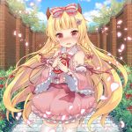  1girl blonde_hair blue_sky blush bow box braid chocolate clouds commentary_request detached_sleeves dress flower gift gift_box hair_bow heart-shaped_box horns incoming_gift kidatsu!_dungeons_lord kyoma_(yellowxcake) long_hair looking_at_viewer open_mouth original petals pink_dress red_eyes sky solo tears thigh-highs twin_braids valentine very_long_hair wide_sleeves zettai_ryouiki 