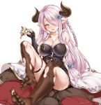  1girl barefoot belt blush braid breasts cape chocolate cleavage collarbone granblue_fantasy grey_eyes hair_ornament hair_over_one_eye hairpin heart heart-shaped_pupils highres horns kure_masahiro large_breasts lavender_hair looking_at_viewer narumeia_(granblue_fantasy) open_mouth pointy_ears simple_background single_braid sitting solo symbol-shaped_pupils teeth thigh_strap white_background 