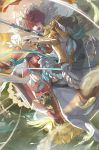  1girl feathers fire_emblem fire_emblem_cipher fire_emblem_if gloves highres hinoka_(fire_emblem_if) naginata official_art open_mouth pegasus pegasus_knight polearm red_eyes redhead short_hair solo weapon 