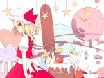  1girl blonde_hair cake candy cherry crescent flandre_scarlet food from_side fruit gla hat heart highres lollipop looking_at_viewer mob_cap puffy_short_sleeves puffy_sleeves red_eyes short_sleeves skirt skirt_set smile solo star string touhou wings 