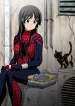  1girl akiyama_mio artist_request black_eyes black_hair bra building cat closed_mouth clothes commentary_request cosplay halterneck hime_cut k-on! long_hair long_sleeves looking_at_another looking_to_the_side open_eyes outdoors panties pipe pipes sitting solo spider-man_(cosplay) spider-man_(series) tagme underwear upper_body ventilation_shaft 