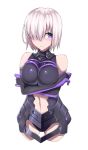  1girl 3: armor bare_shoulders blush breast_hold breasts cowboy_shot crossed_arms elbow_gloves fate/grand_order fate_(series) gloves hair_over_one_eye highres impossible_clothes large_breasts lonwi21 looking_away navel navel_cutout pink_hair shielder_(fate/grand_order) shiny shiny_clothes short_hair simple_background solo violet_eyes white_background 