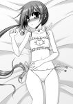  1girl akebono_(kantai_collection) alternate_costume ass_visible_through_thighs bed_sheet bell bell_choker blush cat_cutout cat_lingerie choker collarbone flower hair_flower hair_ornament kantai_collection kiryuu_makoto long_hair looking_at_viewer lying monochrome navel on_bed panties side-tie_panties side_ponytail solo underwear 
