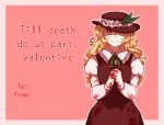  1girl blonde_hair blood blood_on_face blood_stain bloody_clothes bloody_hands cross dolls_in_pseudo_paradise english facing_viewer hands_together hat looking_at_viewer nekolina shaded_face smile solo touhou valentine yandere yellow_eyes 
