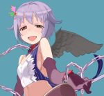  1girl :d aqua_background bangs bare_shoulders blush breasts brown_eyes chain cleavage_cutout collar crop_top cuffs dog_collar elbow_gloves feathered_wings gloves hair_ornament hairclip heart heart_cutout idolmaster idolmaster_cinderella_girls koshimizu_sachiko looking_at_viewer midriff open_mouth purple_hair short_hair sideboob smile solo sparkle sparkling_eyes striped wings yuuki_(irodo_rhythm) 